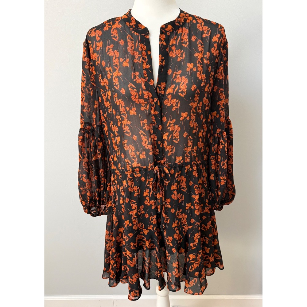 Lulus Mini Dress Sashay My Way Long Sleeve‎ Black Orange Floral Size Small